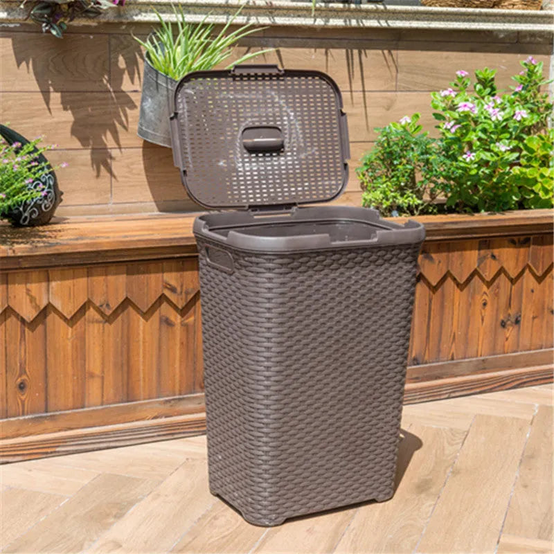 Plastic rattan woven laundry basket in beige, 44x34x62cm polypropylene construction