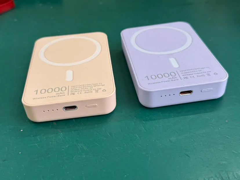 White magnetic wireless charger power bank with 5000mAh capacity measuring 100x65mm