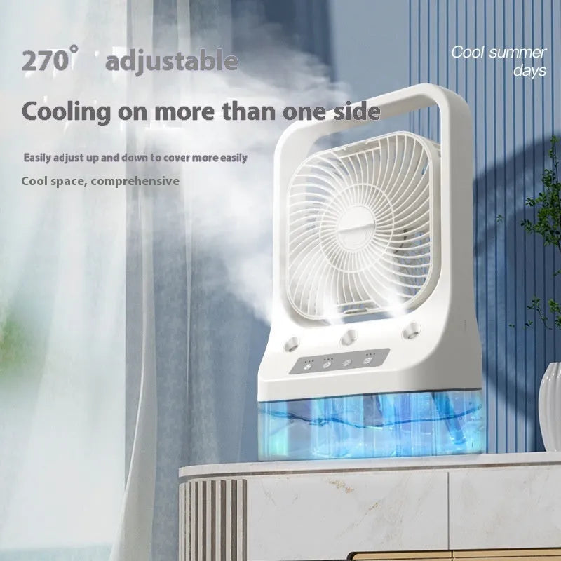 White USB rechargeable air cooler fan with water tank and adjustable head on a table.