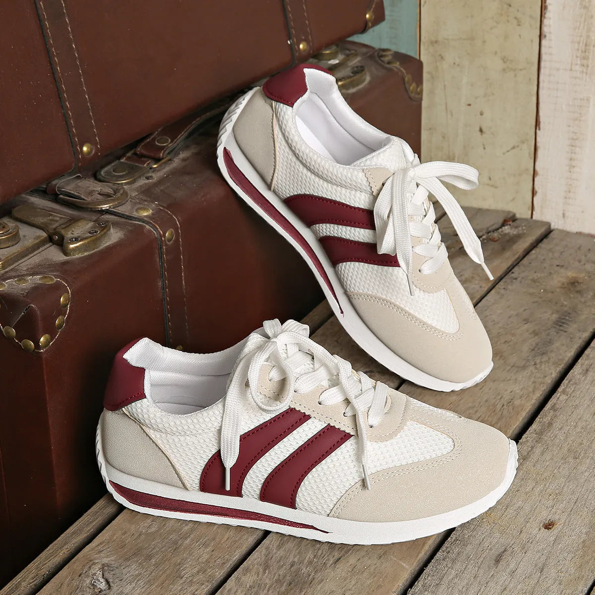 Wine red Cortez Retro style sneakers with breathable mesh and cross-strap design