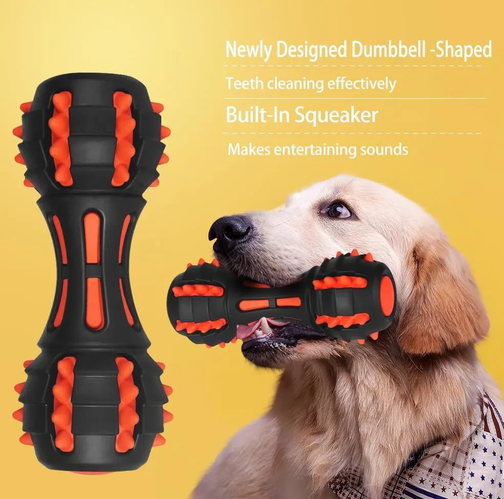 Red dumbbell-shaped durable rubber dog chew toy for large breeds on a white background.