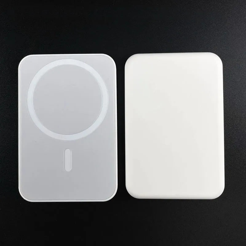 White magnetic wireless charger power bank with 5000mAh capacity measuring 100x65mm
