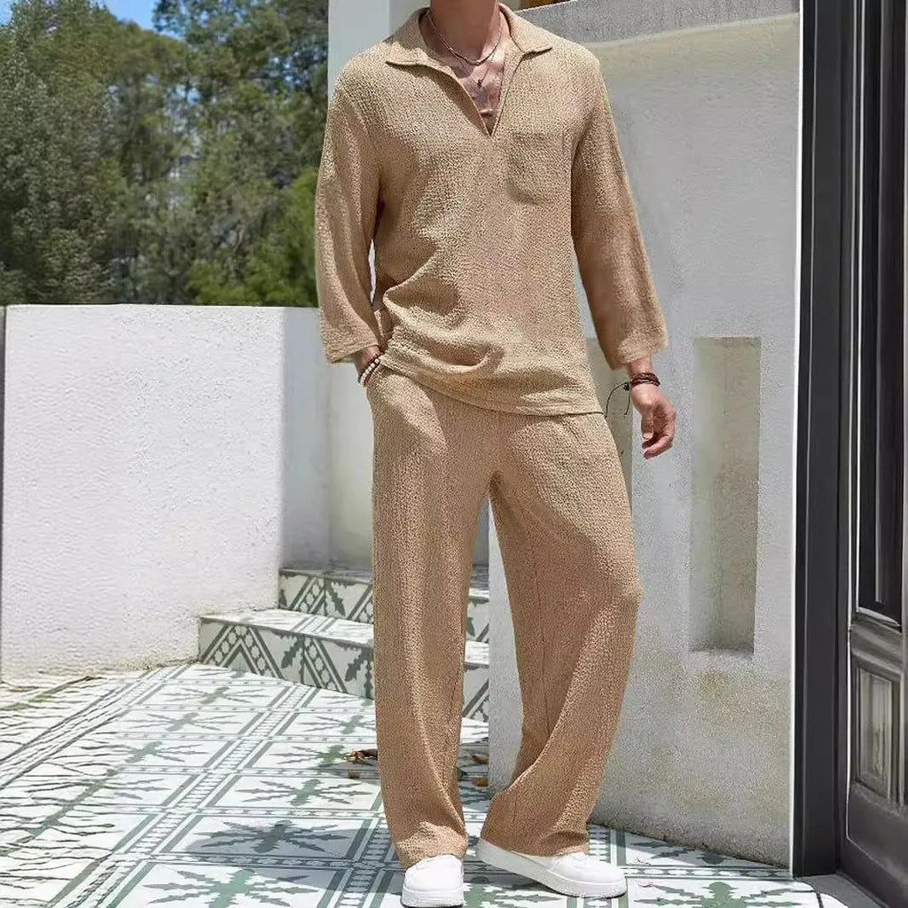 Men's casual shirt and trousers commuter suit set in lake blue, khaki, black, and caramel colours.