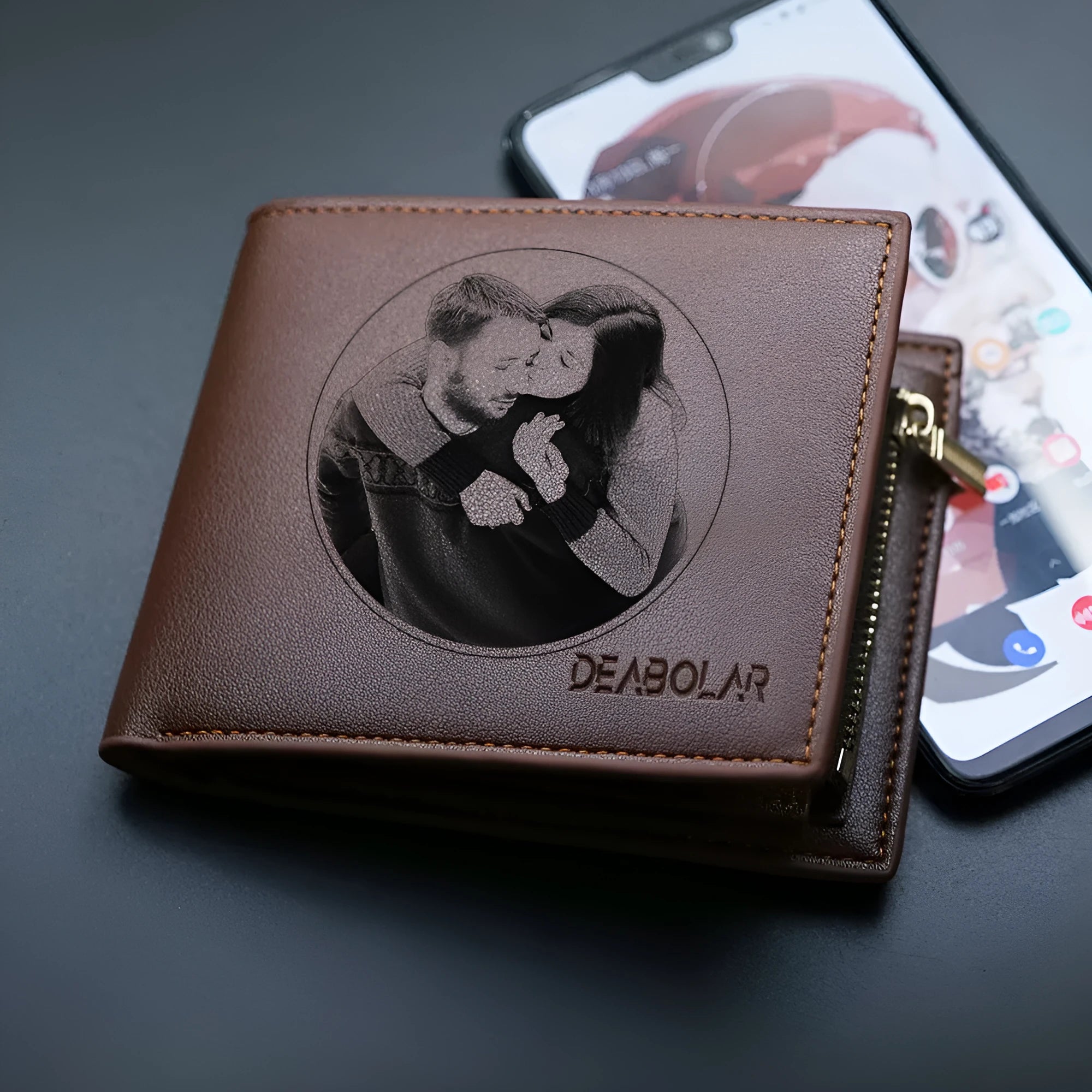 Men's leather wallet with a zipper closure, shown in one of seven available colours.