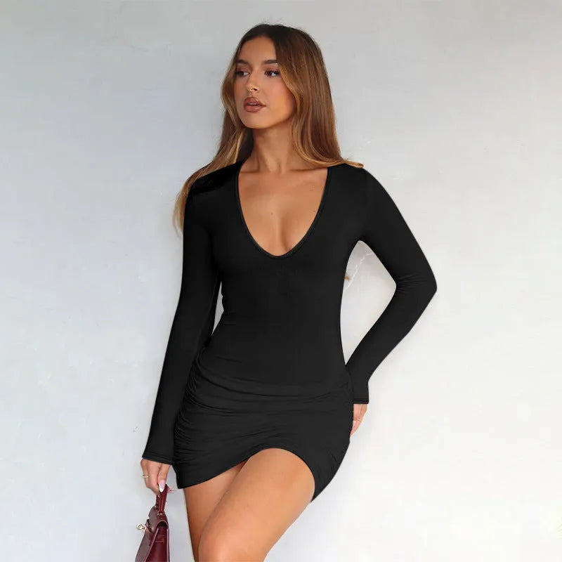 Long sleeve V-neck slim dress in apricot with pleated pencil skirt high waist styling