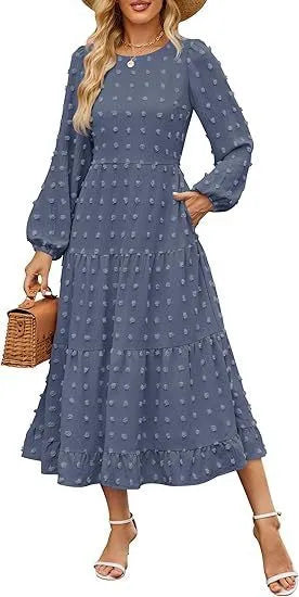 Women's beige high waist long sleeve dress with ruffle sleeves, shown front view.