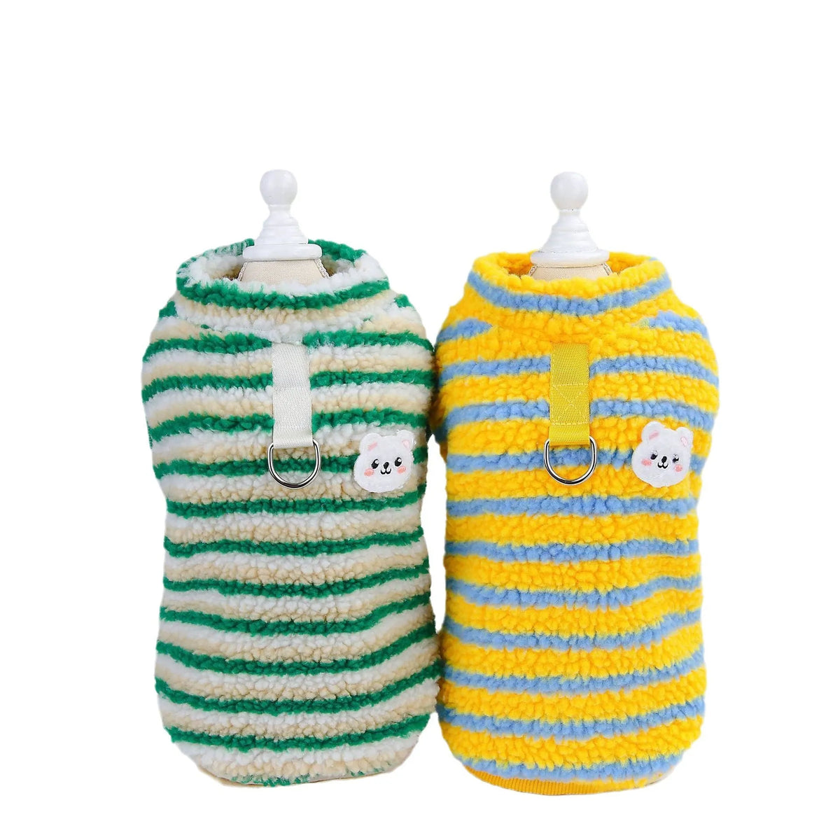Thickened striped bear pet top in polar fluff, yellow or green, sizes S to XXL