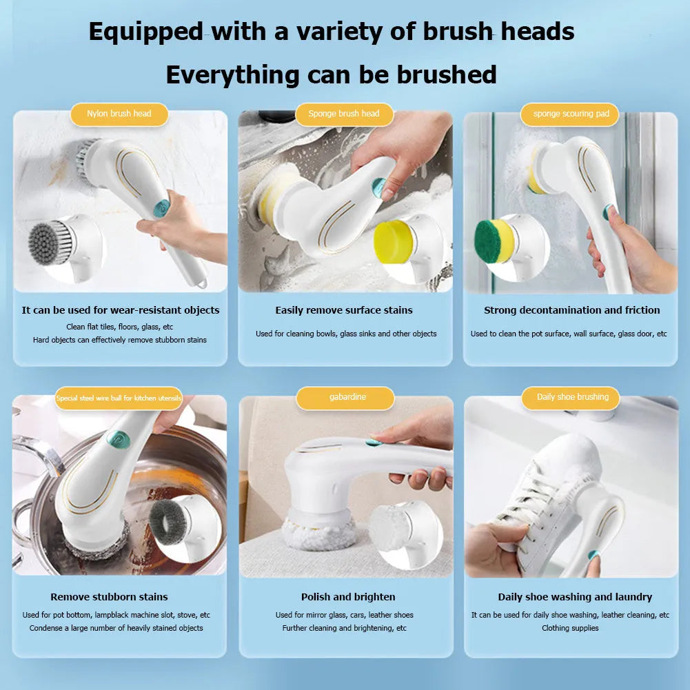 White cordless electric handheld cleaning brush with set of five different brush heads on a USB charging cable