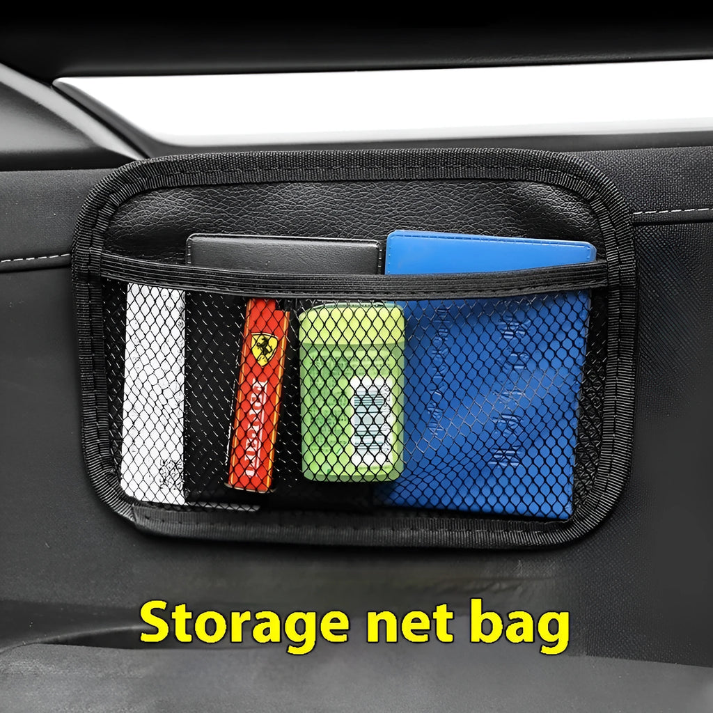 Adhesive polyester mesh net storage pocket for car and home, shown in large or small size.