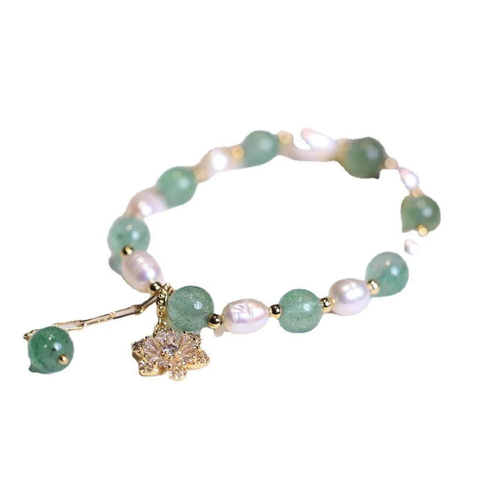 Green freshwater strawberry pearl bracelet with Chinese knot and peace buckle closure