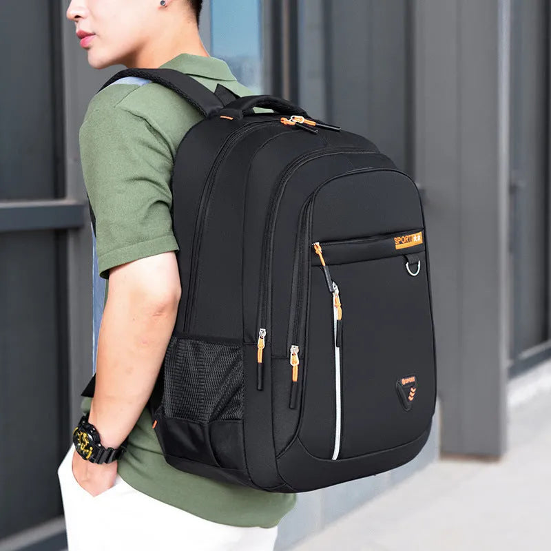 Men's Oxford cloth schoolbag with letters pattern in multiple colour options showing air pillow belt system