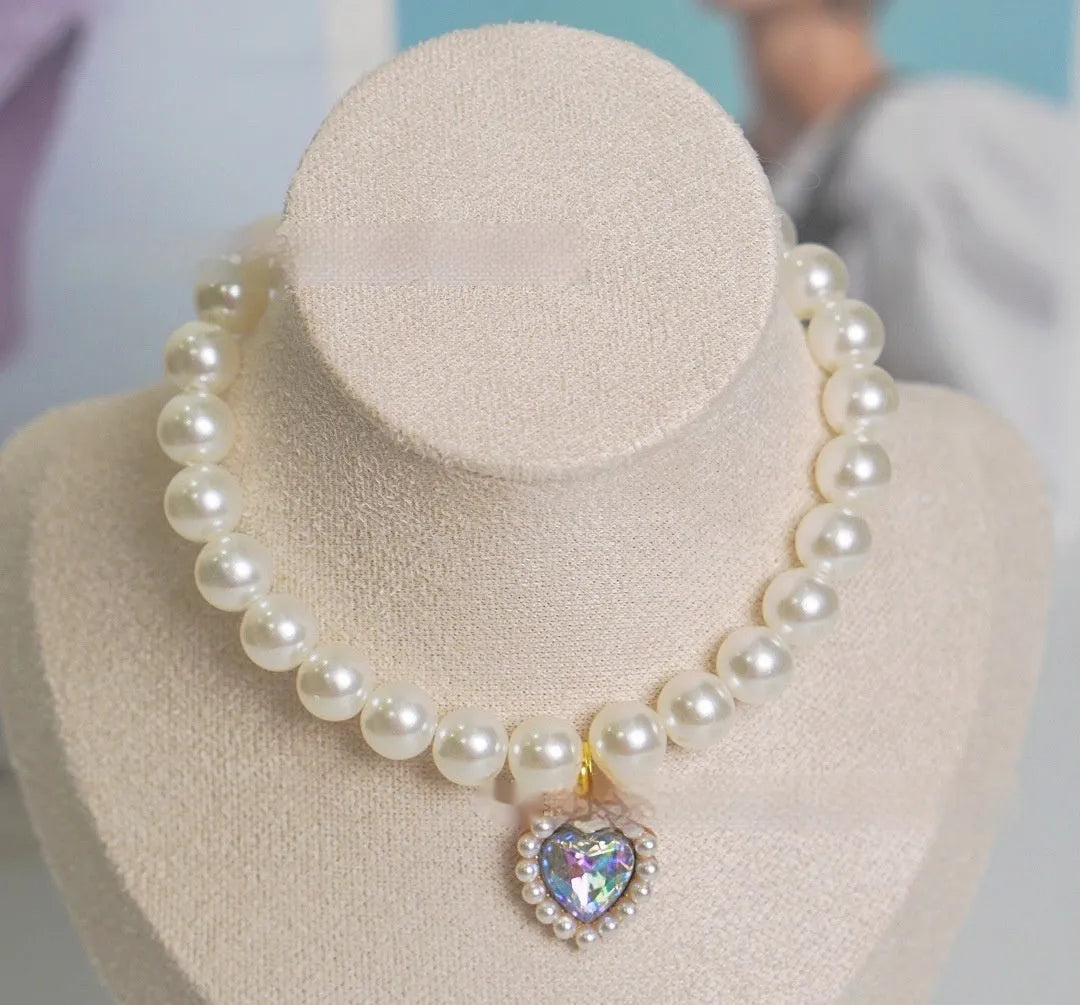 Plastic alloy resin pearl necklace cat collar with love gem charm in multiple colours