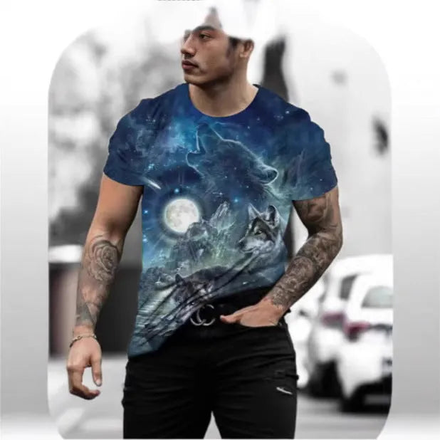 Retro 3D animal print men's short-sleeved t-shirt in thin bird eye cloth fabric