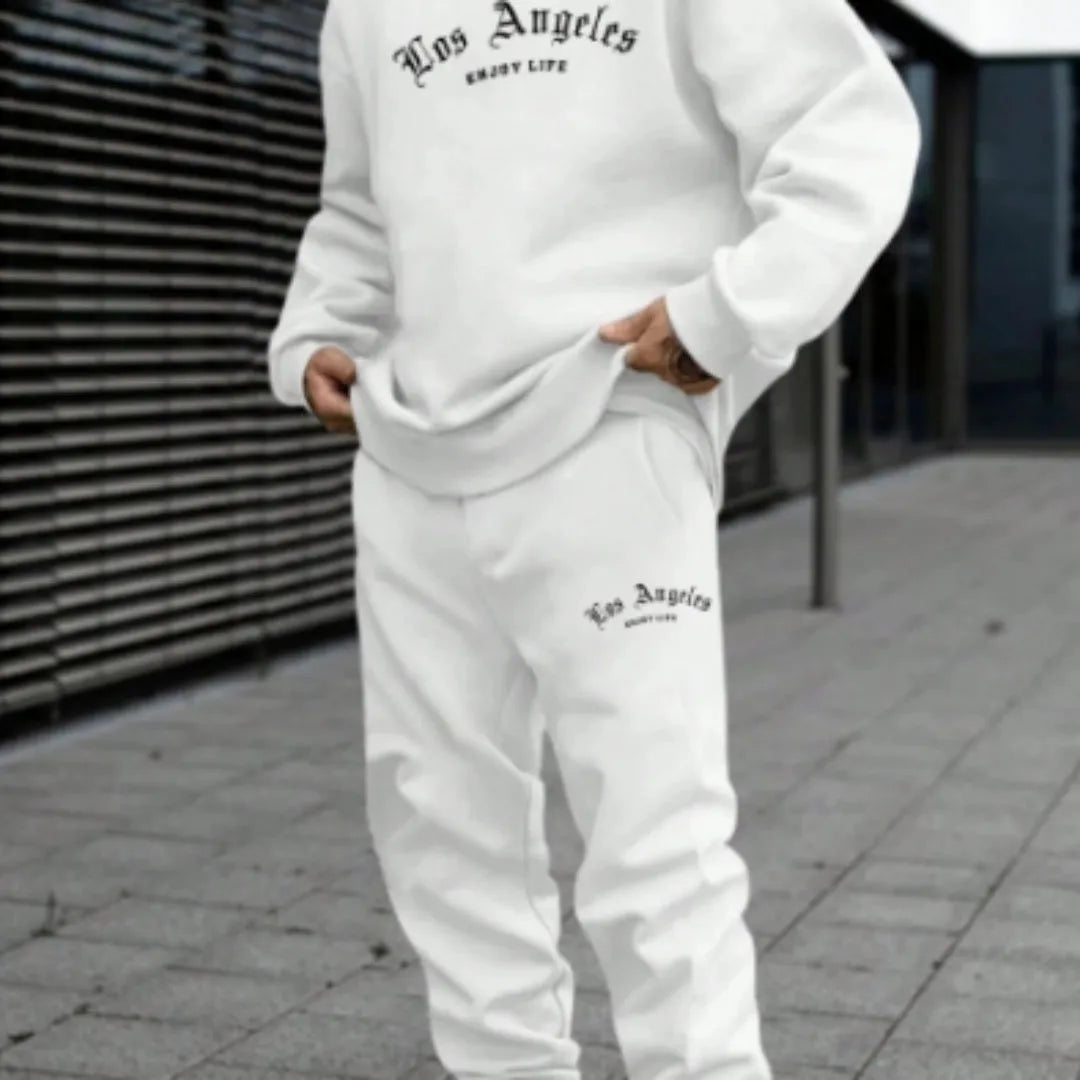 Men's grey letter print hooded sweater and joggers set laid flat.