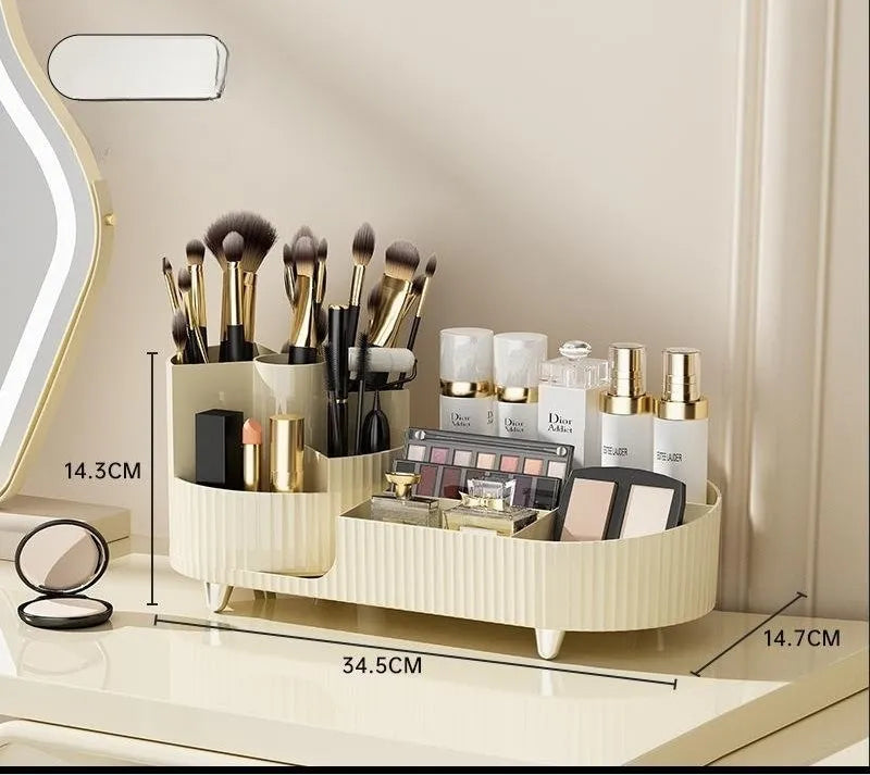 Rotating cosmetics storage box organiser for makeup brushes and lipsticks on a table.