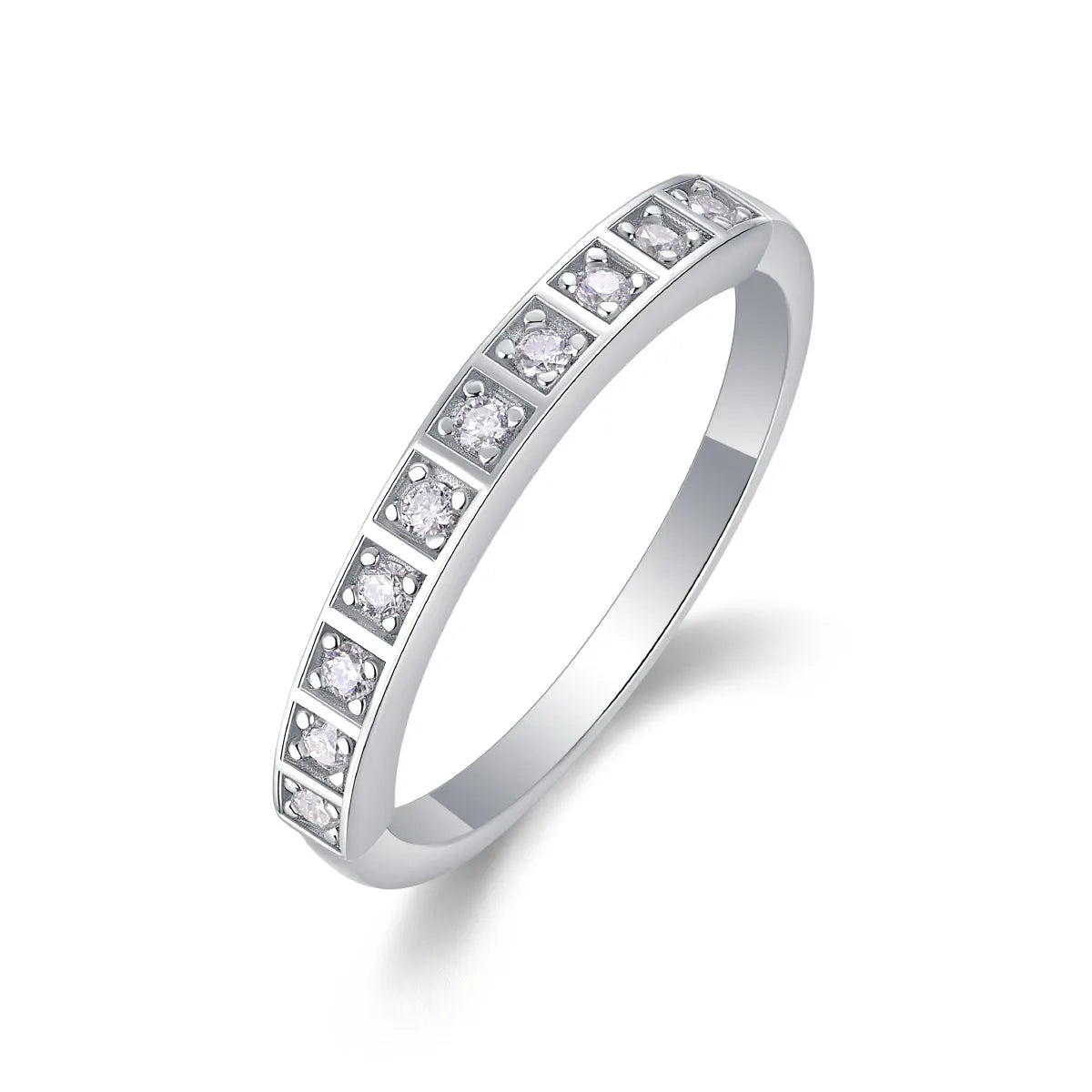 Moissanite wedding ring set in S925 silver with platinum plating, sizes 5-9, 2.2g per ring, GRA certificate included.