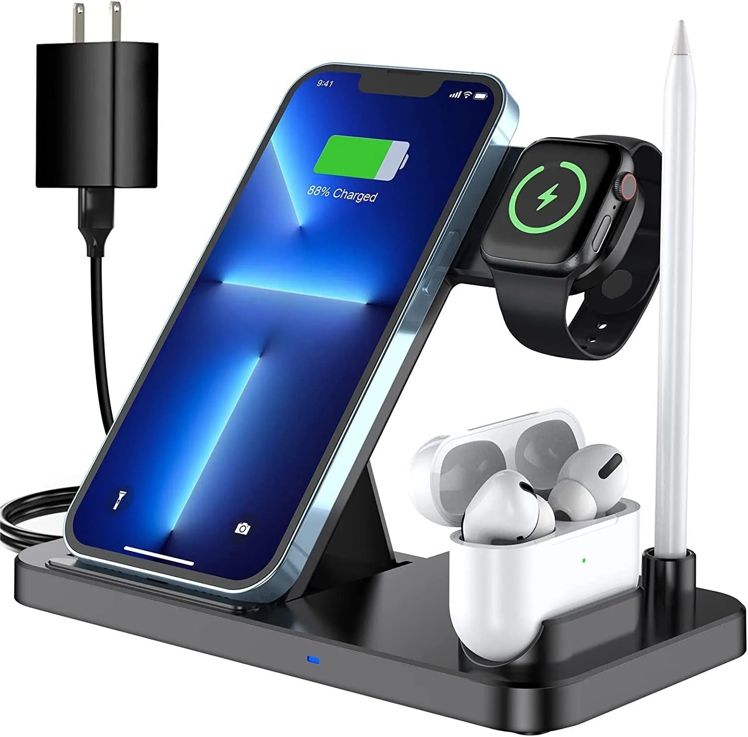 Black four-in-one wireless charging pad with QC3.0 power adapter for multiple phones.