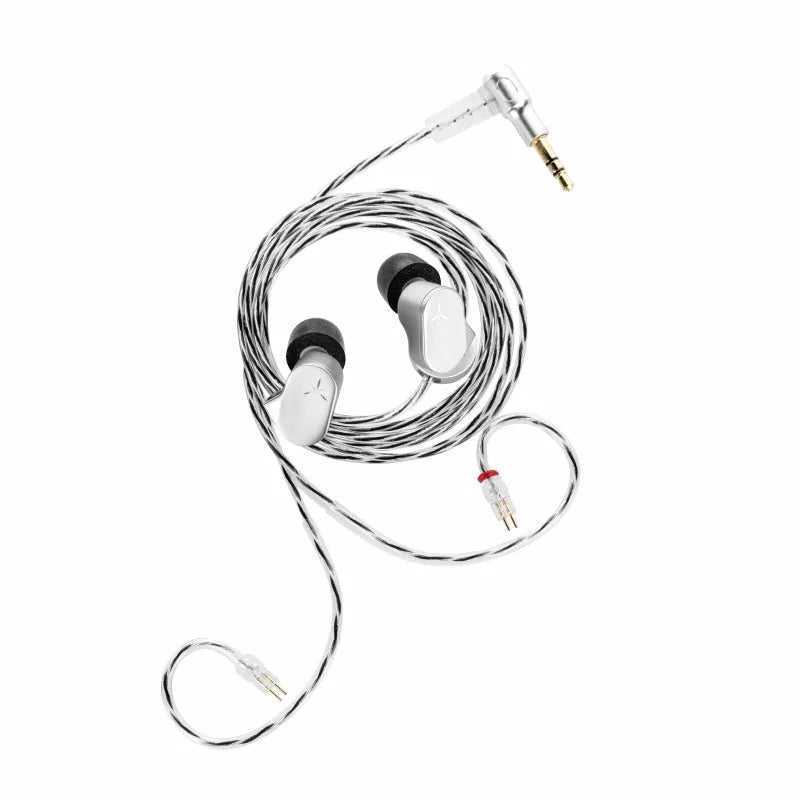 HiFi wired earphone with interchangeable cable in blue with silicone ear tips and storage bag on display