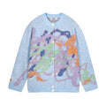 Men's graffiti cardigan sweater in sky blue or beige, round neck, long sleeves, loose fit, sizes M to 3XL