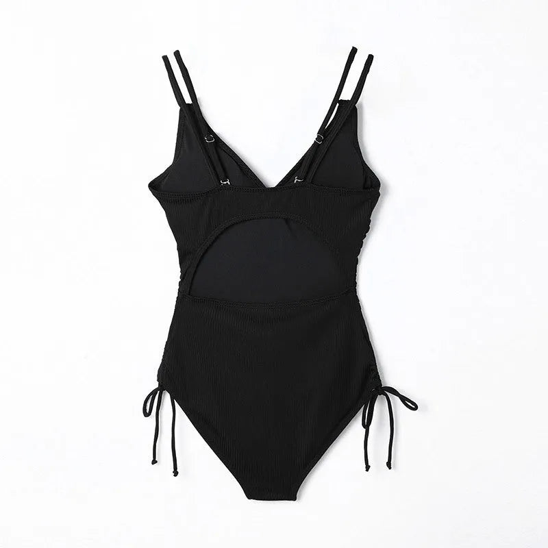 V-neck spaghetti strap one-piece swimsuit in solid orange, brown, black, blue or green, polyester, sizes S to 2XL