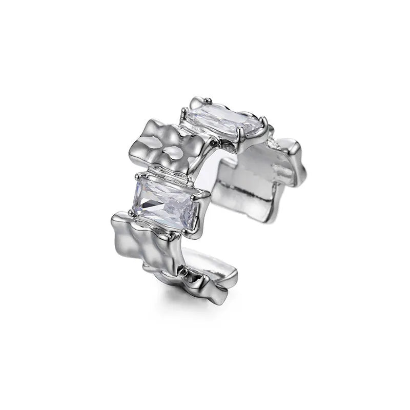 Geometric silver zircon ring with open design and three-dimensional retro decorations