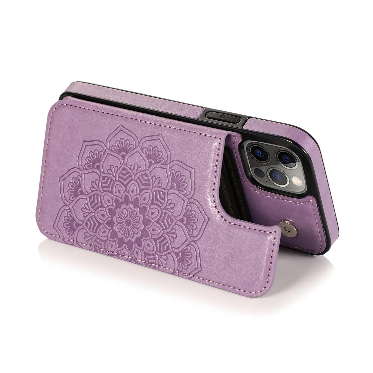 Purple flip PU leather phone case with embossed mandala pattern and card holder slot open on a white background