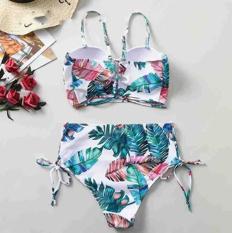 White summer bikini set push up swimsuit women non-wired strapless ultra-thin mold cup rabbit fur fabric front view