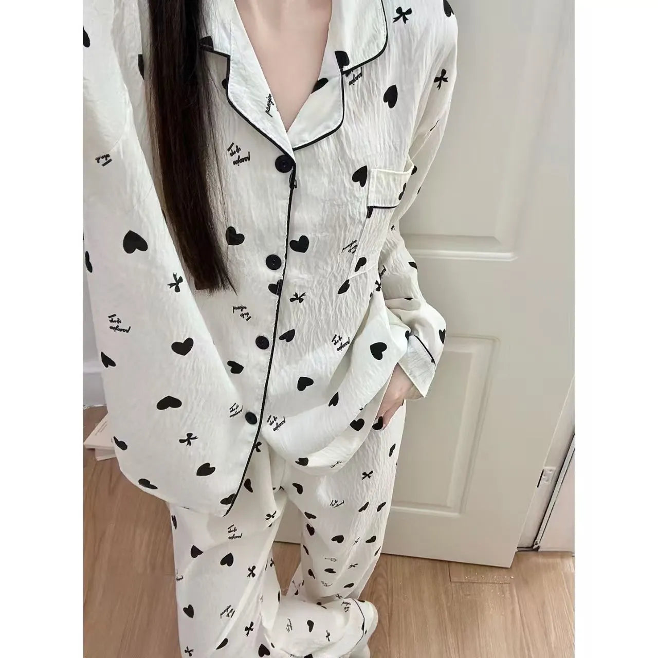 Sweet And Simple Cardigan Pajamas in cloud cotton with cartoon print, long sleeves, and matching trousers