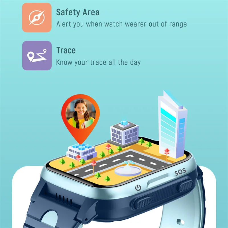 Children's 4G GPS locator video call watch with 1.66-inch touch screen, silicone strap, available in pink, blue, and black