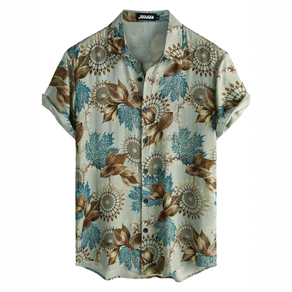 Man's short sleeve Hawaiian print shirt with lapel collar and floral pattern, shown in a casual setting.