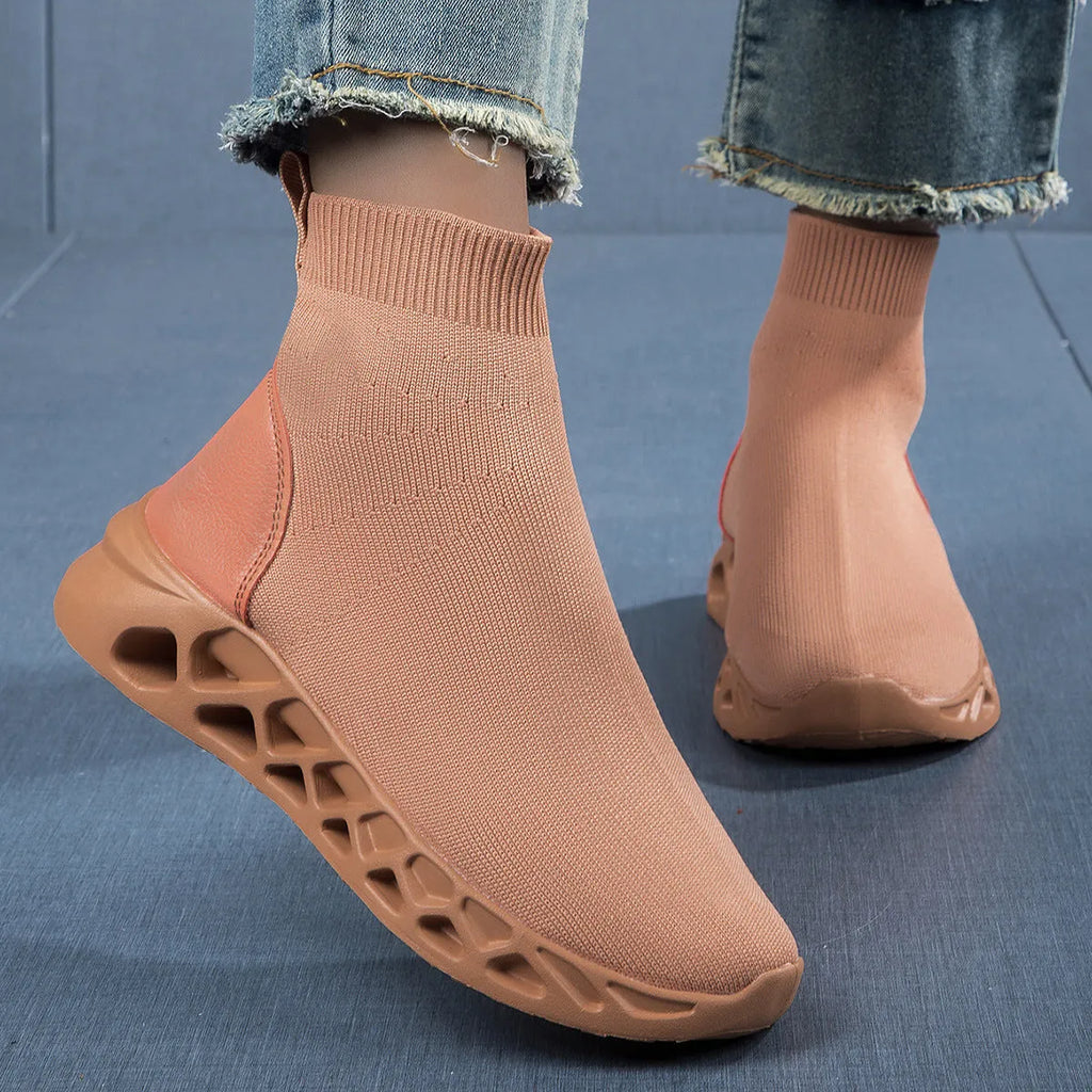 Women's black breathable mesh high-top casual sock boots with flat MD sole on a white background.