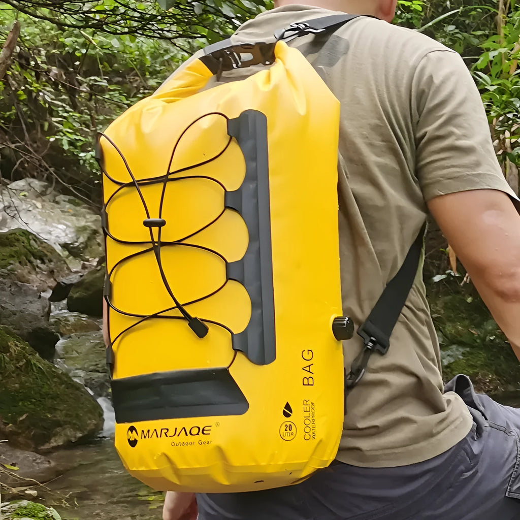 Yellow and black PVC dry bag with 20L capacity showing wet/dry separation compartments for water sports