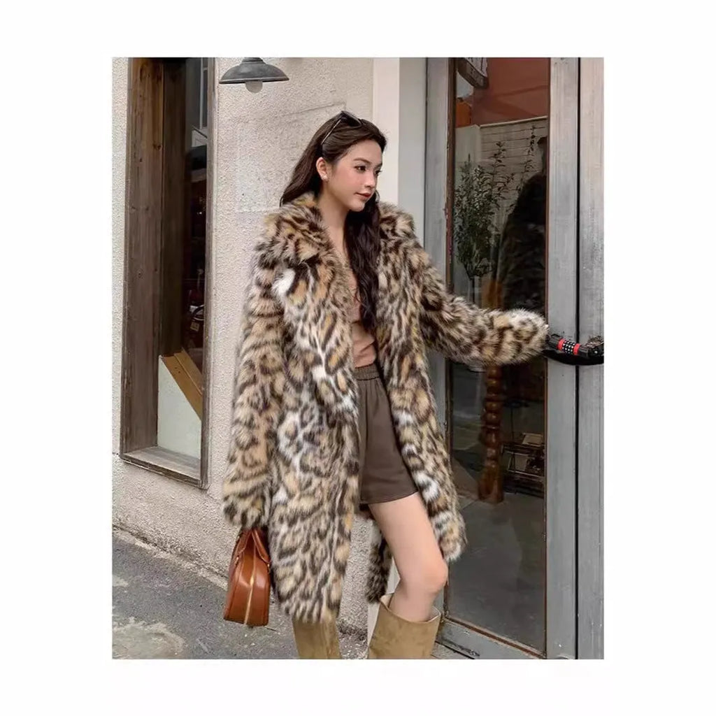 A women's long faux fur coat with a fur collar and pockets, shown in a street fashion style.