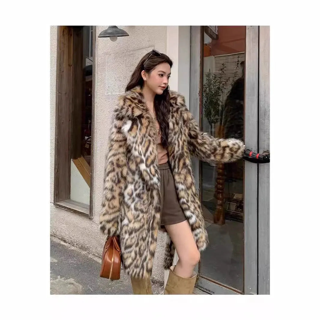 A women's long faux fur coat with a fur collar and pockets, shown in a street fashion style.