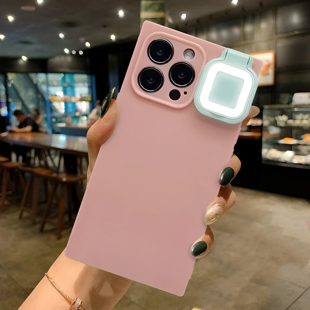 Ring flashing mobile phone case for iPhone 13 with selfie fill light in pink white green colours