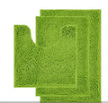 Long hair chenille three-piece bathroom carpet set showing U-shaped toilet mat and two rectangular mats in modern style.