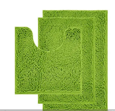Long hair chenille three-piece bathroom carpet set showing U-shaped toilet mat and two rectangular mats in modern style.