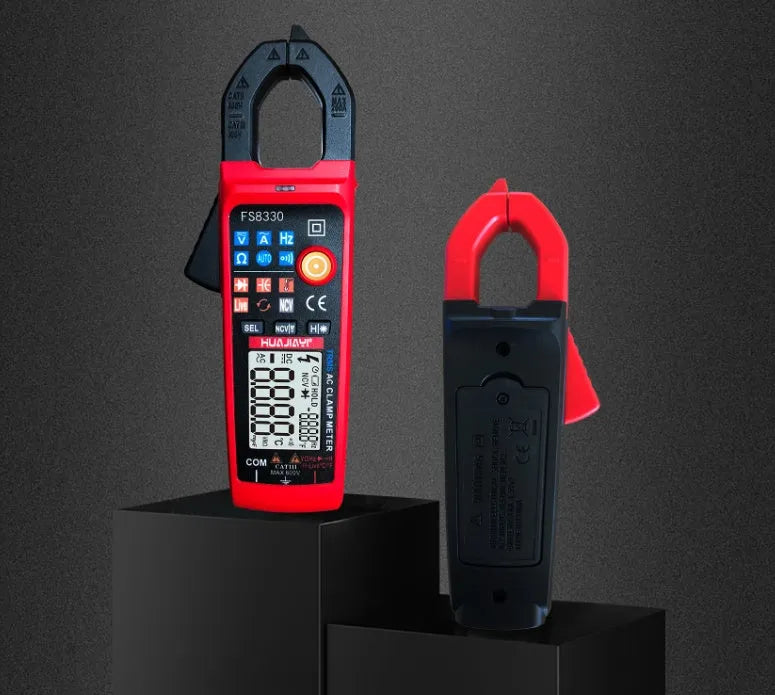 Red digital clamp meter with 40mm clamp opening, LED HD display, 174×59×27mm, 149g, for 0-600V and 0.2-200A testing