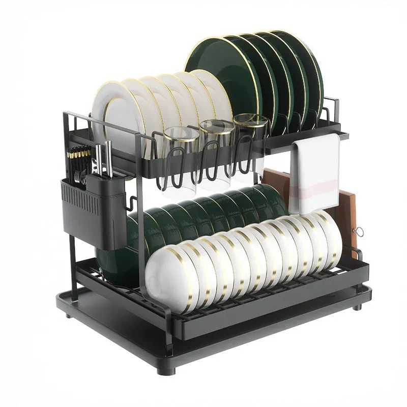 White double-layer kitchen draining rack with a removable top shelf for dish drying.