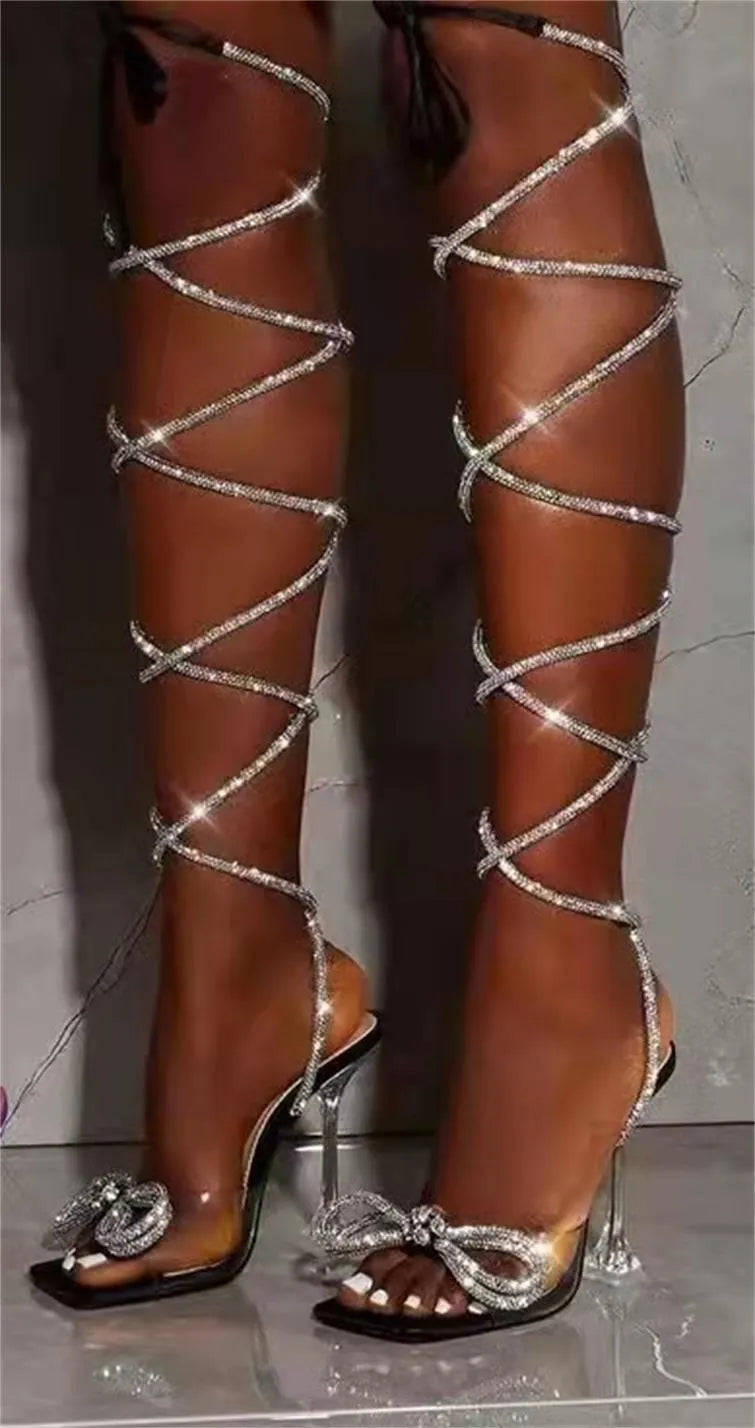 Plus size women's sandals with rhinestone straps in square toe design