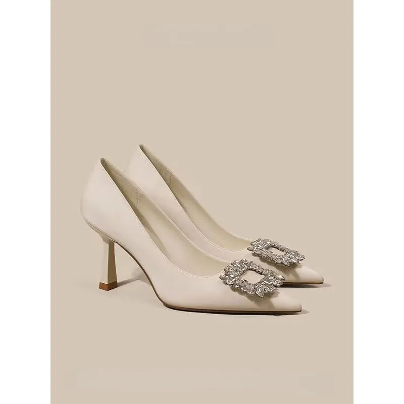 Women's French pointed stiletto high heels in creamy-white or black with rubber soles