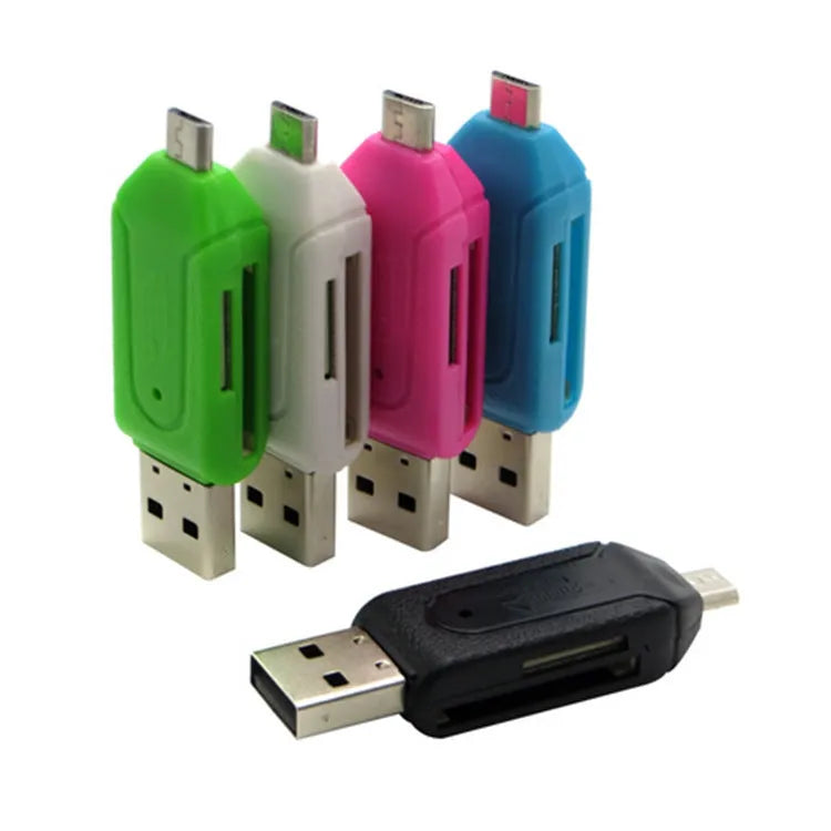 White USB OTG card reader with micro USB connector for Android phones and computers