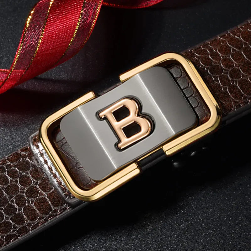 Automatic buckle belt with zinc alloy button head, PVC face, cowhide bottom, 3.3cm width, black or coffee colour