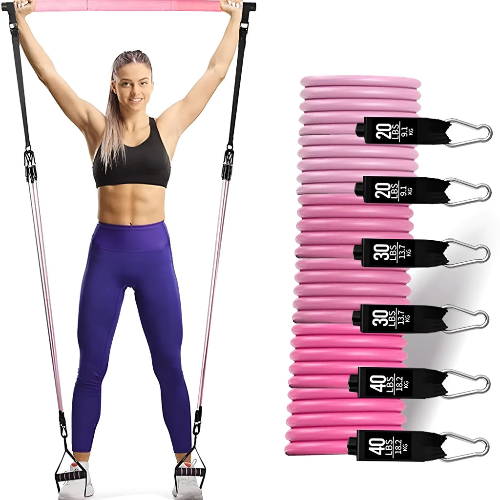 Yoga gymnastic bar set with 180 pounds reinforced resistance band in black or pink TPE material