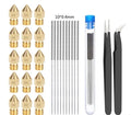 Brass MK8 nozzles and a stainless steel cleaning pin for 3D printer maintenance.
