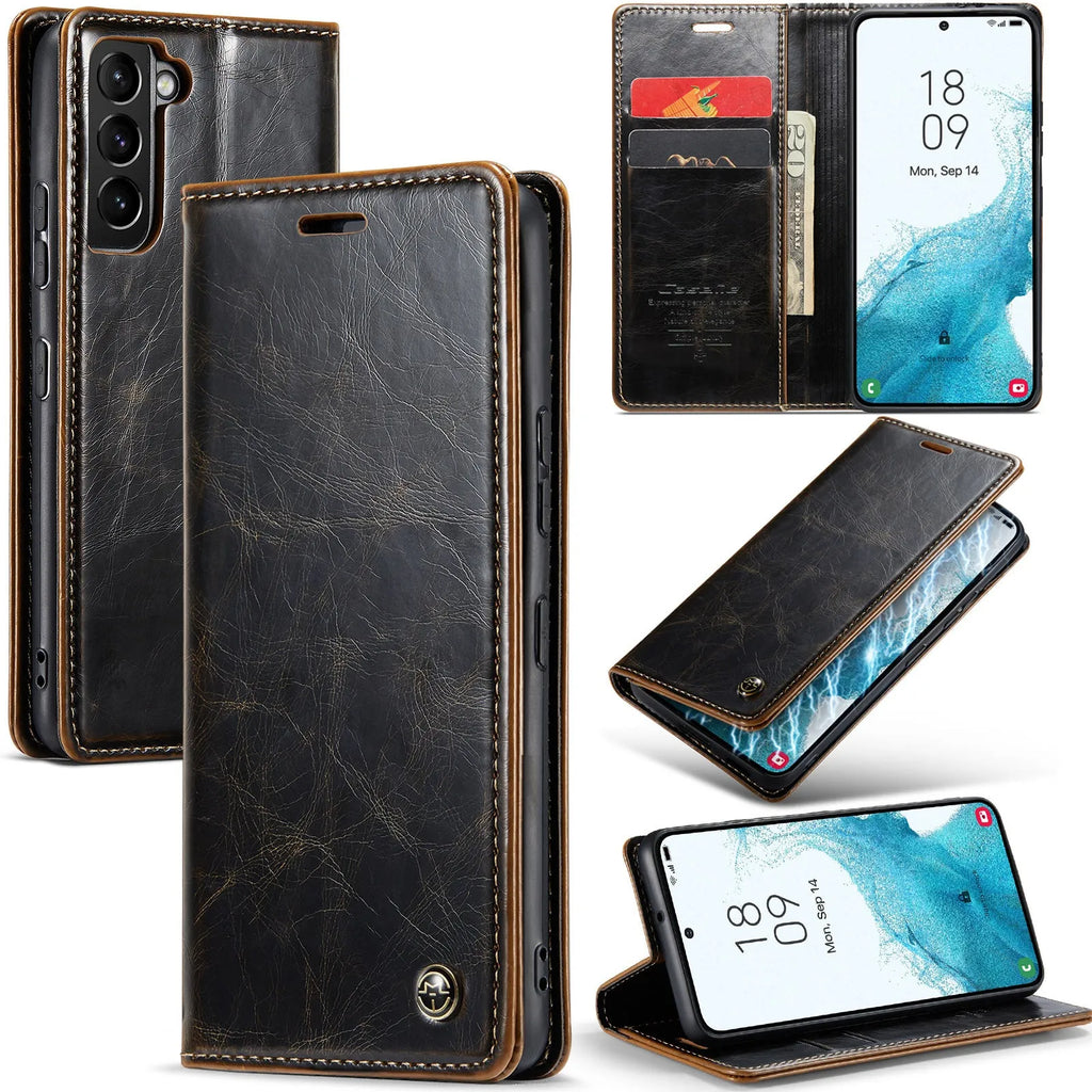 Crazy Horse pattern card flip phone case with magnetic closure for Samsung Galaxy A55, black PC leather finish