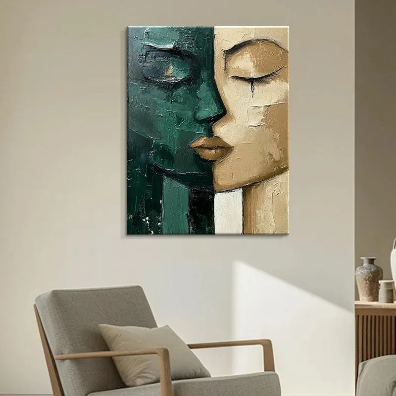 Hand-painted oil painting modern art green and beige face on canvas wall decor