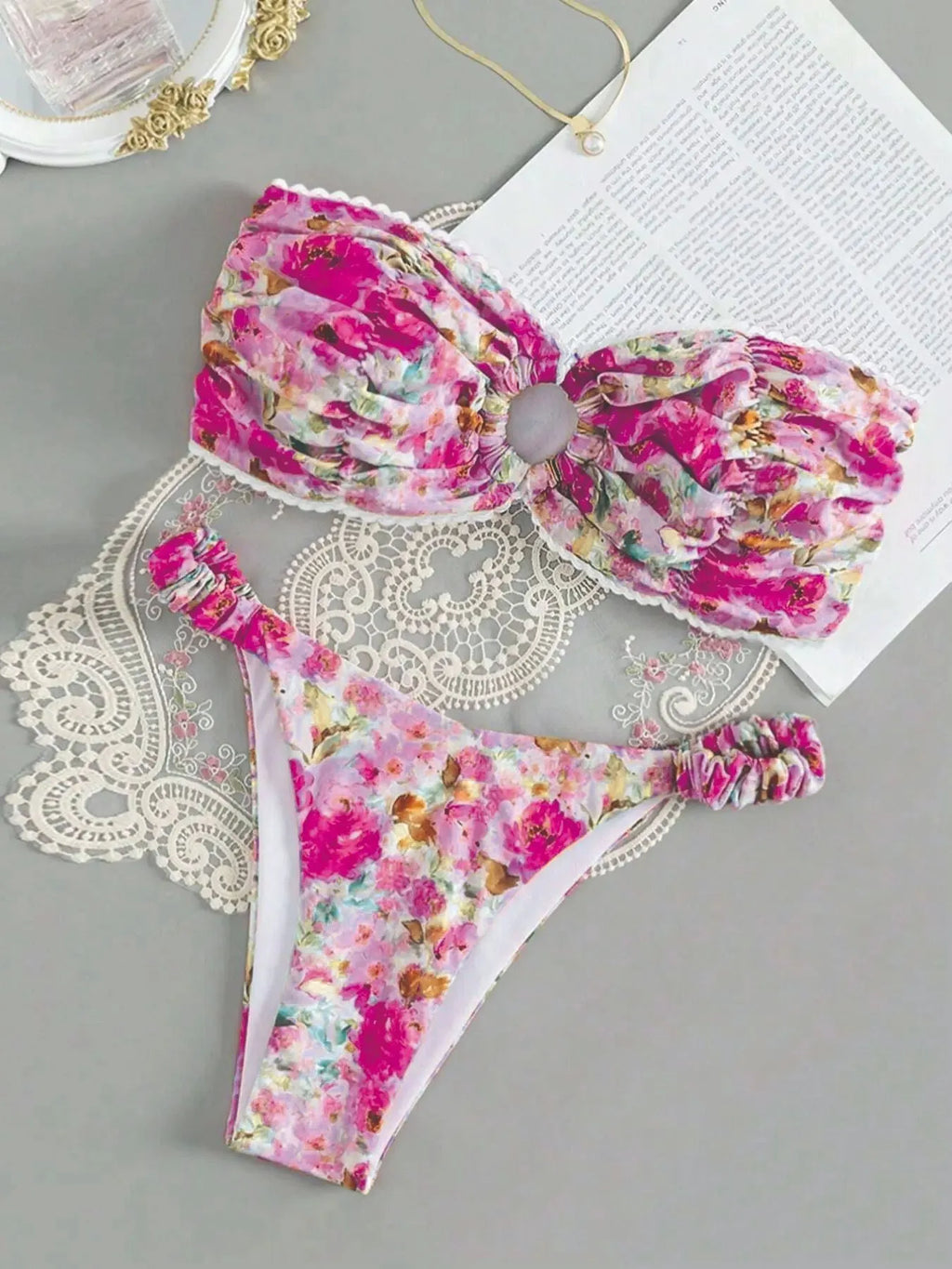 Colourful floral print European and American style bikini tube top with lace trim and matching shorts