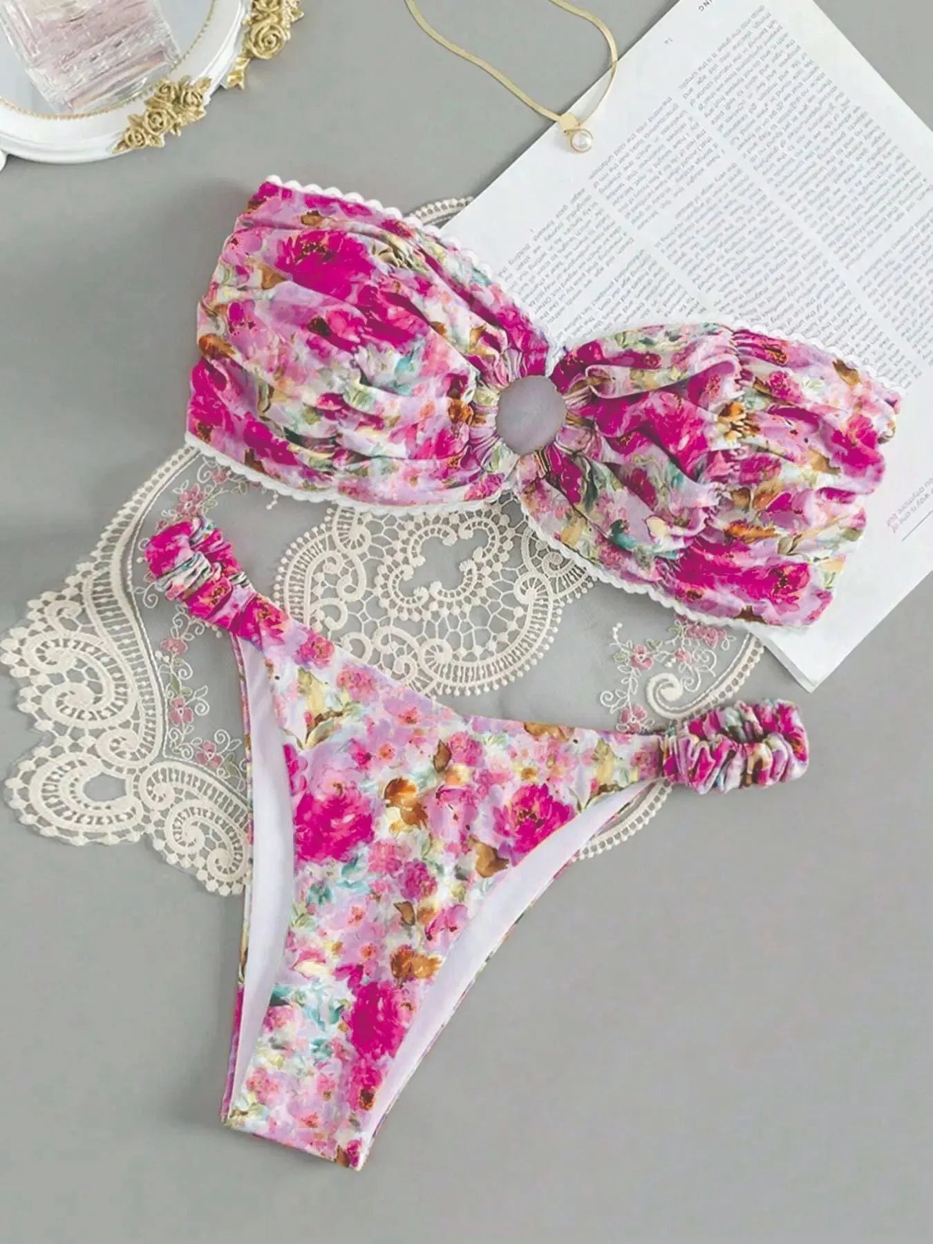 Colourful floral print European and American style bikini tube top with lace trim and matching shorts