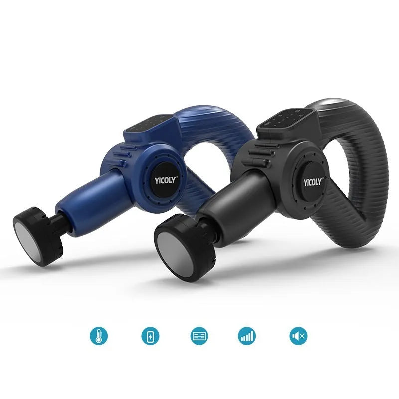 Black smart muscle massage gun with five different massage head attachments on a grey background.